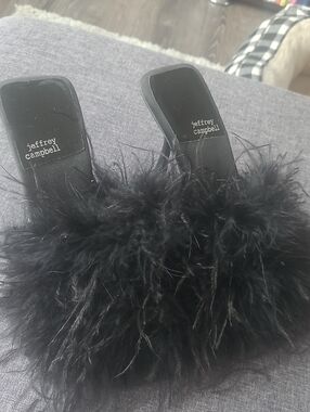 Jeffrey Campbell Black Feathered Slide Mules